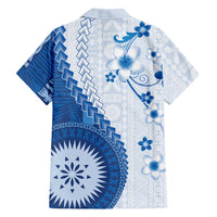 Bula Fiji Family Matching Off The Shoulder Long Sleeve Dress and Hawaiian Shirt Blue Plumeria Masi Tapa Pattern LT05 - Polynesian Pride