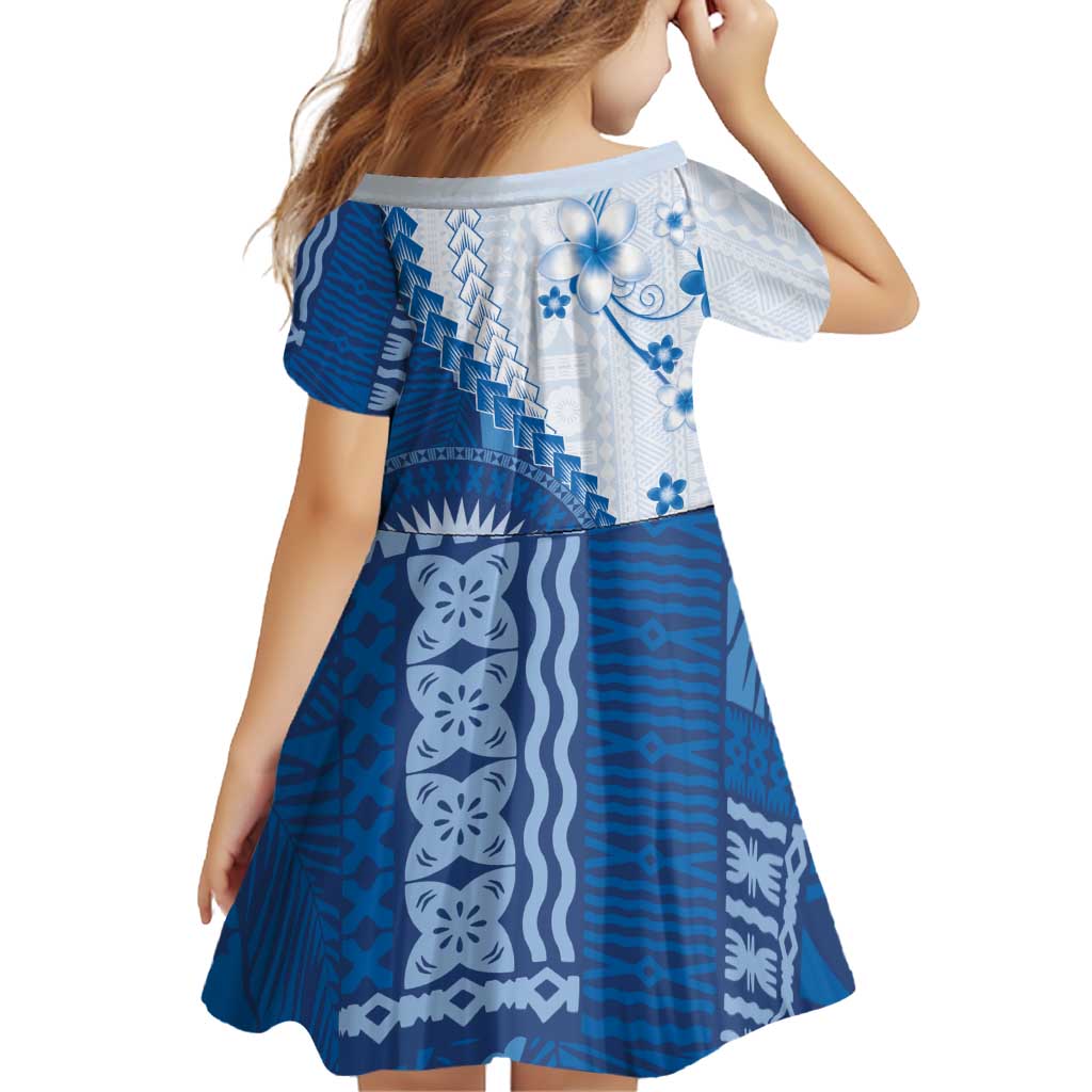 Bula Fiji Family Matching Off Shoulder Maxi Dress and Hawaiian Shirt Blue Plumeria Masi Tapa Pattern LT05 - Polynesian Pride