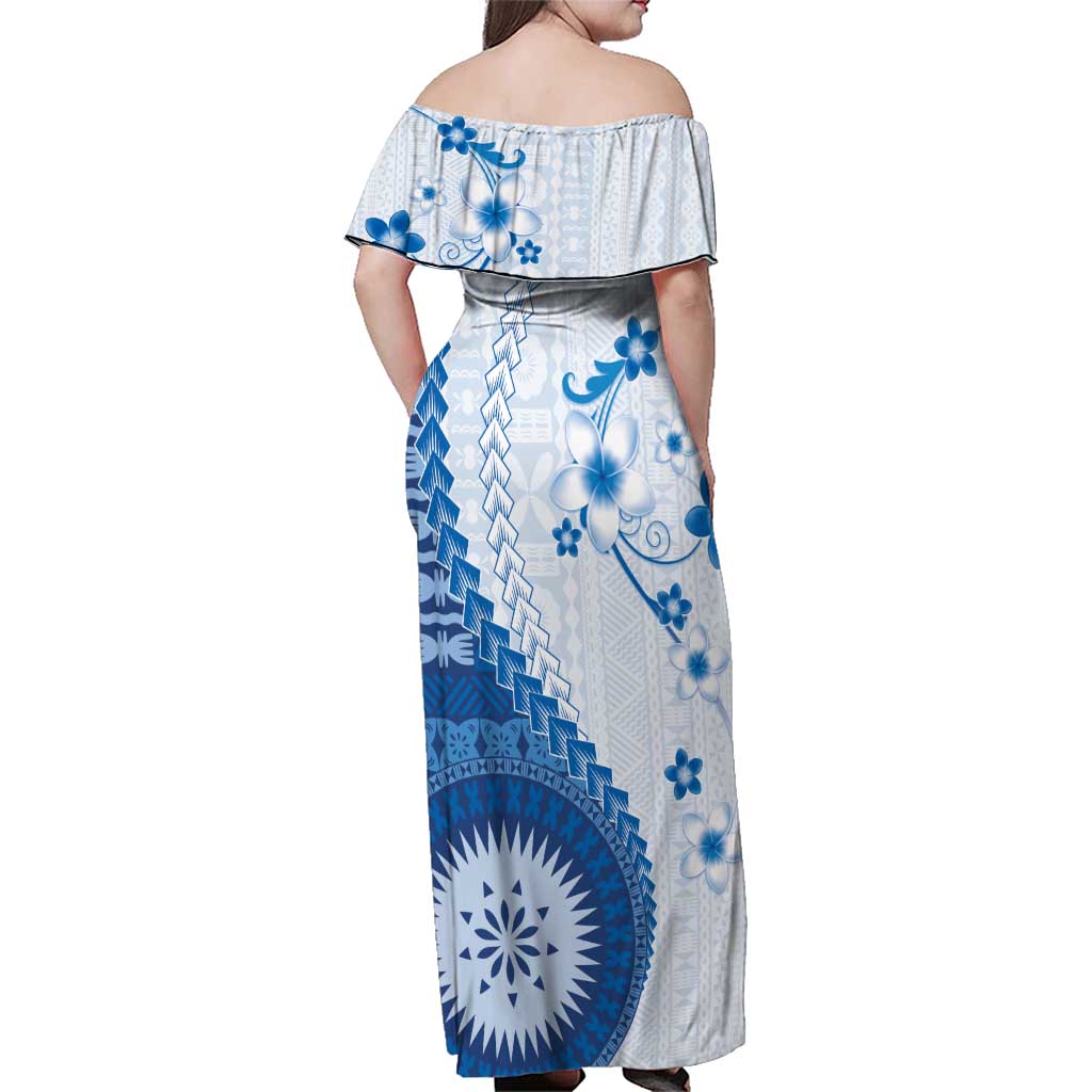 Bula Fiji Family Matching Off Shoulder Maxi Dress and Hawaiian Shirt Blue Plumeria Masi Tapa Pattern LT05 - Polynesian Pride
