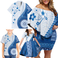 Bula Fiji Family Matching Off Shoulder Short Dress and Hawaiian Shirt Blue Plumeria Masi Tapa Pattern LT05 - Polynesian Pride