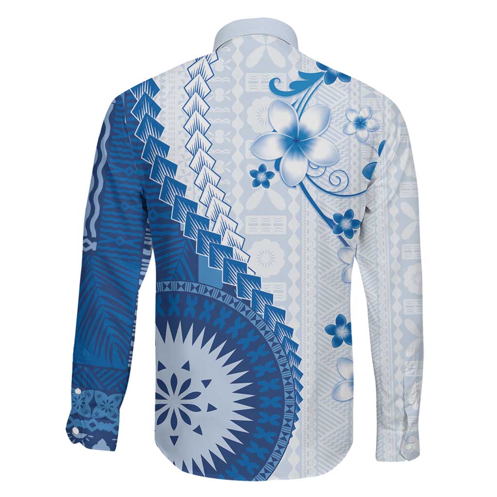 Bula Fiji Family Matching Off Shoulder Short Dress and Hawaiian Shirt Blue Plumeria Masi Tapa Pattern LT05 - Polynesian Pride
