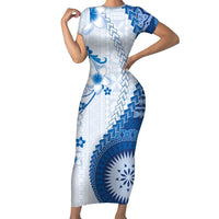 Bula Fiji Family Matching Short Sleeve Bodycon Dress and Hawaiian Shirt Blue Plumeria Masi Tapa Pattern LT05 Mom's Dress Blue - Polynesian Pride