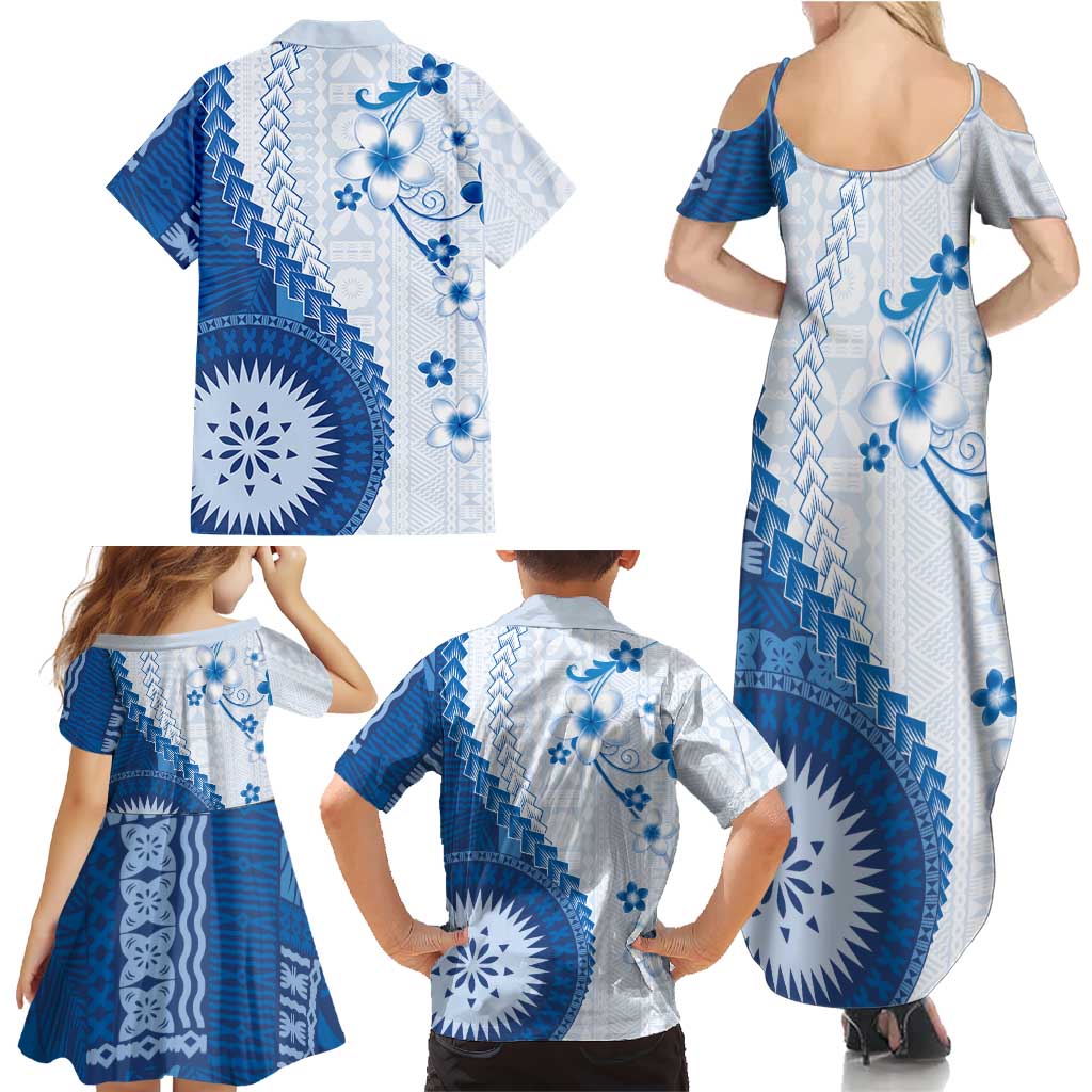 Bula Fiji Family Matching Summer Maxi Dress and Hawaiian Shirt Blue Plumeria Masi Tapa Pattern LT05 - Polynesian Pride