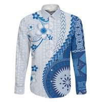 Bula Fiji Family Matching Summer Maxi Dress and Hawaiian Shirt Blue Plumeria Masi Tapa Pattern LT05 Dad's Shirt - Long Sleeve Blue - Polynesian Pride