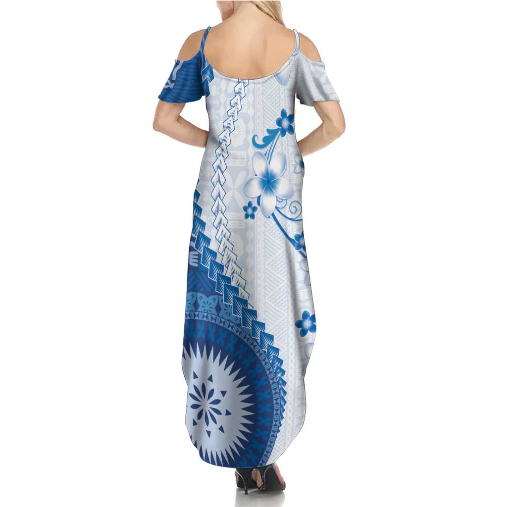 Bula Fiji Family Matching Summer Maxi Dress and Hawaiian Shirt Blue Plumeria Masi Tapa Pattern LT05 - Polynesian Pride