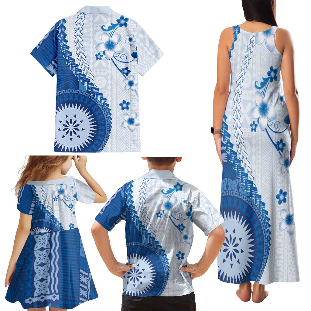 Bula Fiji Family Matching Tank Maxi Dress and Hawaiian Shirt Blue Plumeria Masi Tapa Pattern LT05 - Polynesian Pride