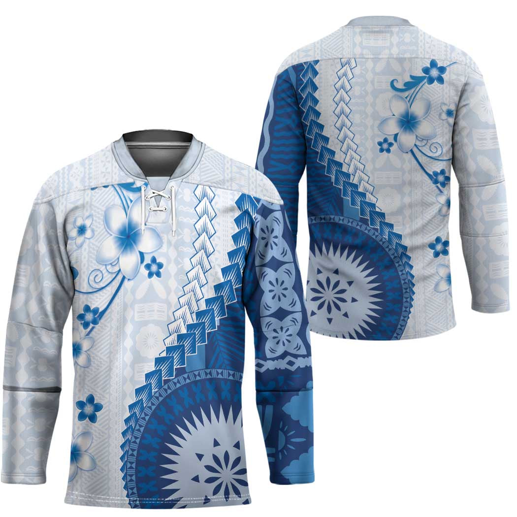 Bula Fiji Hockey Jersey Blue Plumeria Masi Tapa Pattern - Polynesian Pride