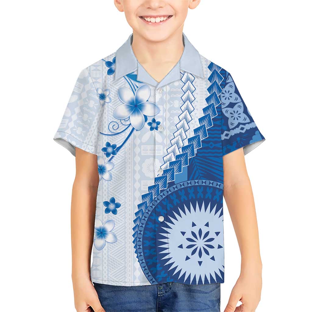 Bula Fiji Kid Hawaiian Shirt Blue Plumeria Masi Tapa Pattern - Polynesian Pride