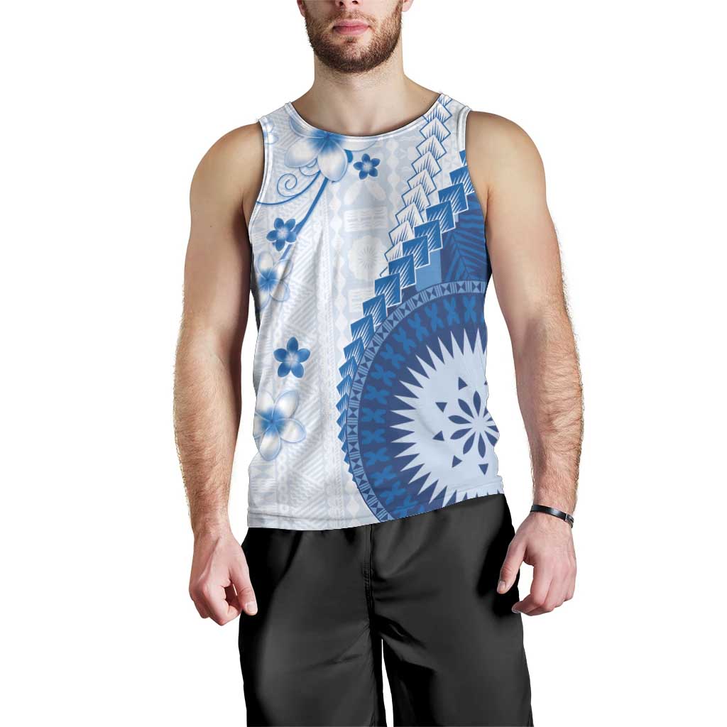 Bula Fiji Men Tank Top Blue Plumeria Masi Tapa Pattern LT05 - Polynesian Pride