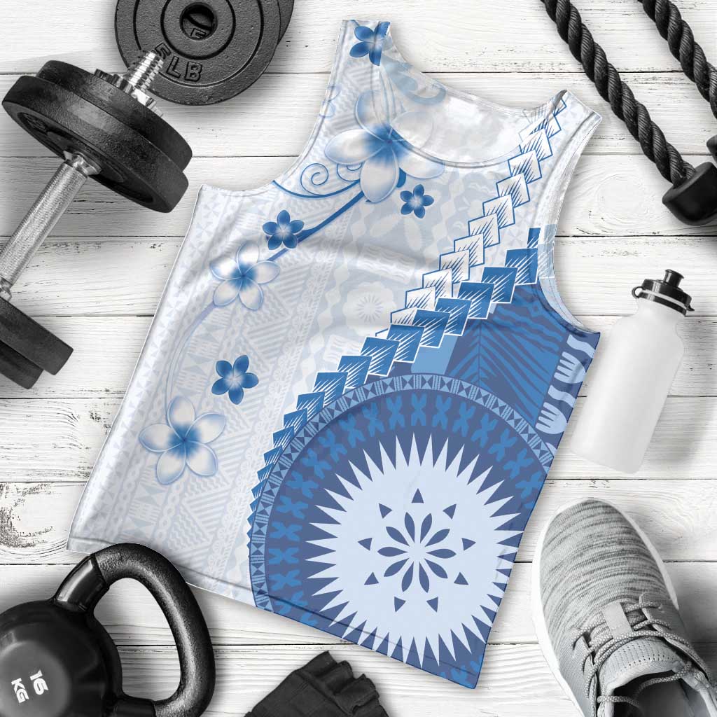 Bula Fiji Men Tank Top Blue Plumeria Masi Tapa Pattern LT05 - Polynesian Pride