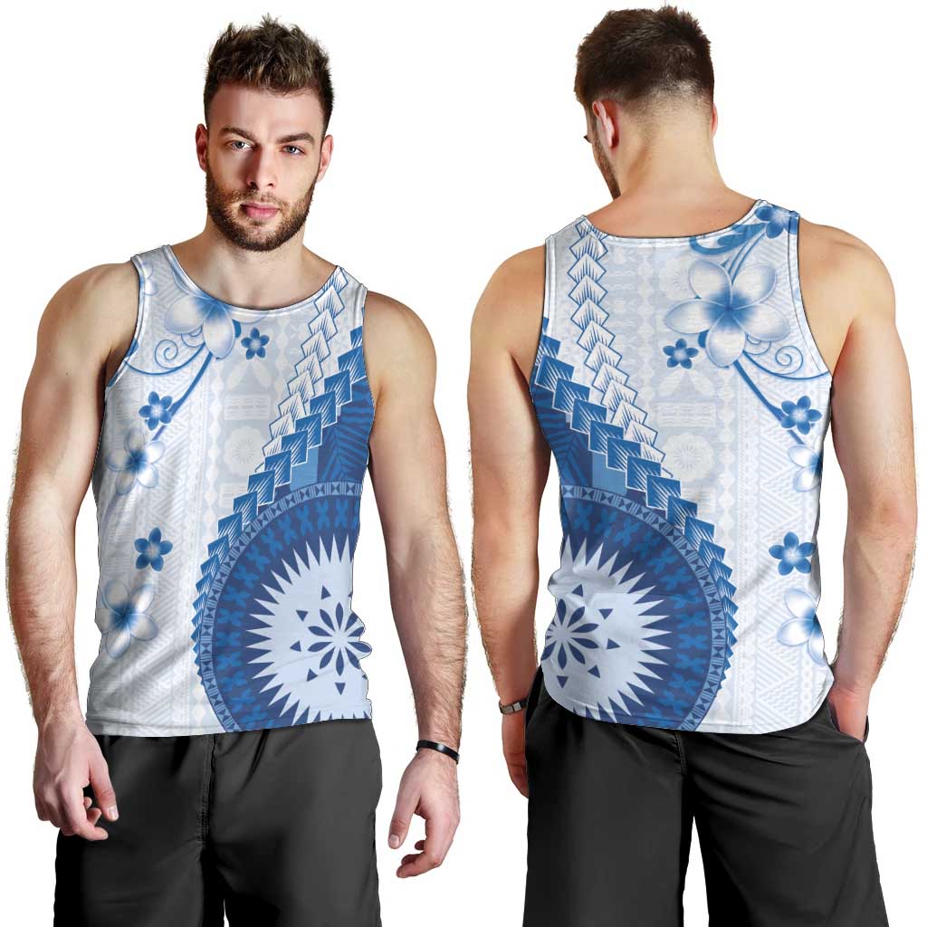 Bula Fiji Men Tank Top Blue Plumeria Masi Tapa Pattern LT05 - Polynesian Pride
