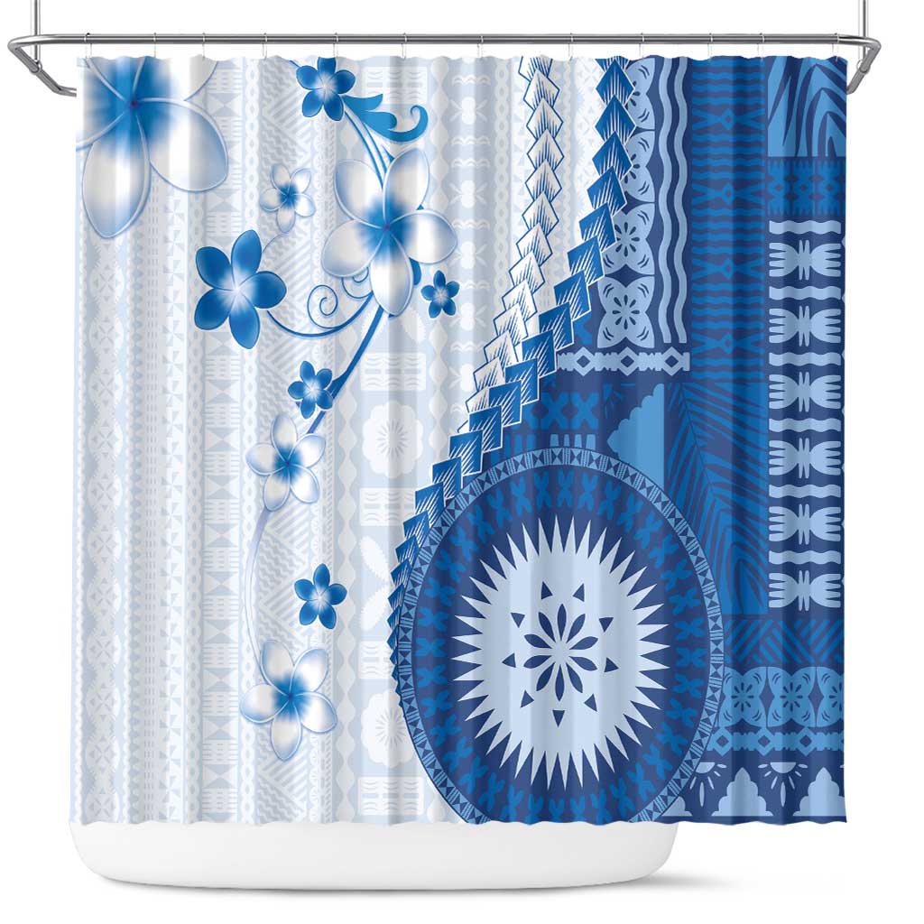 Bula Fiji Shower Curtain Blue Plumeria Masi Tapa Pattern LT05 Blue - Polynesian Pride