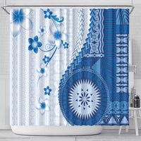 Bula Fiji Shower Curtain Blue Plumeria Masi Tapa Pattern LT05 - Polynesian Pride