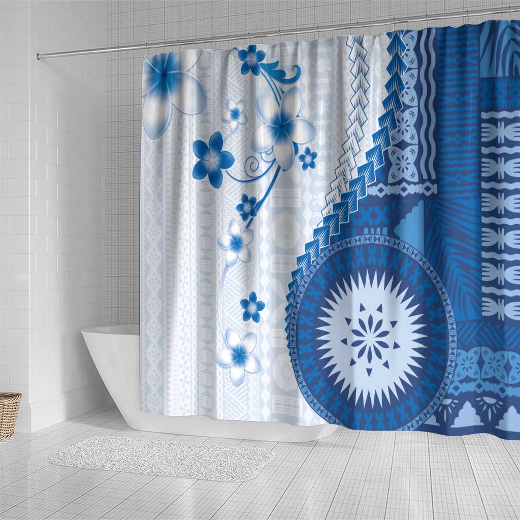 Bula Fiji Shower Curtain Blue Plumeria Masi Tapa Pattern LT05 - Polynesian Pride