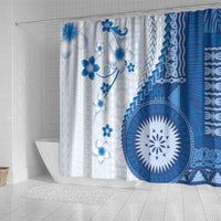 Bula Fiji Shower Curtain Blue Plumeria Masi Tapa Pattern LT05 - Polynesian Pride