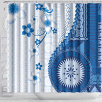 Bula Fiji Shower Curtain Blue Plumeria Masi Tapa Pattern LT05 - Polynesian Pride