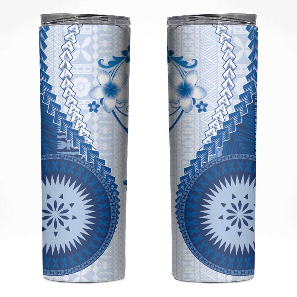 Bula Fiji Skinny Tumbler Blue Plumeria Masi Tapa Pattern LT05 Blue - Polynesian Pride