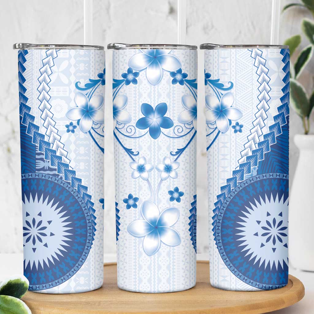 Bula Fiji Skinny Tumbler Blue Plumeria Masi Tapa Pattern LT05 - Polynesian Pride