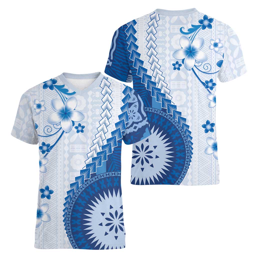 Bula Fiji Women V-Neck T-Shirt Blue Plumeria Masi Tapa Pattern - Polynesian Pride