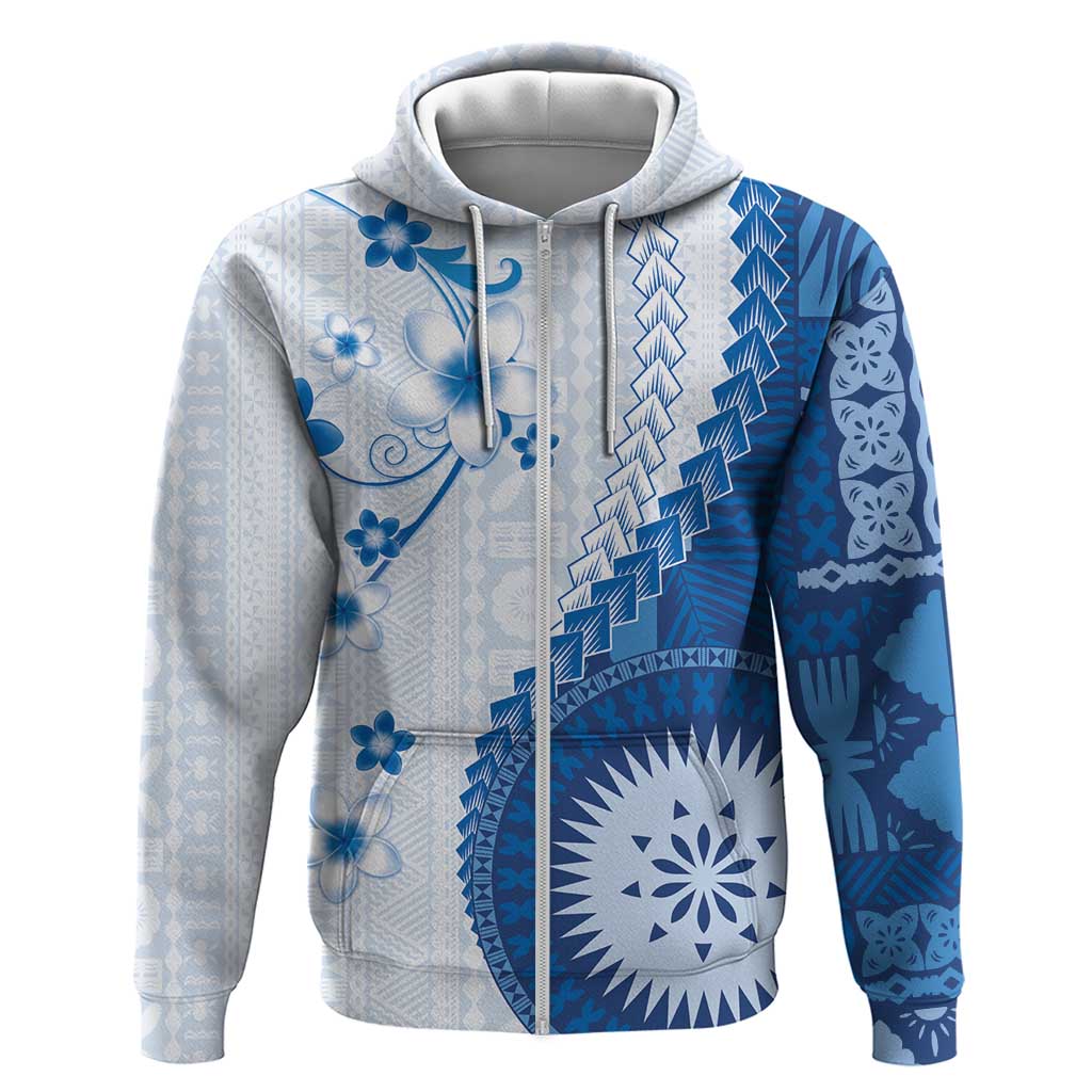 Bula Fiji Zip Hoodie Blue Plumeria Masi Tapa Pattern LT05 Zip Hoodie Blue - Polynesian Pride