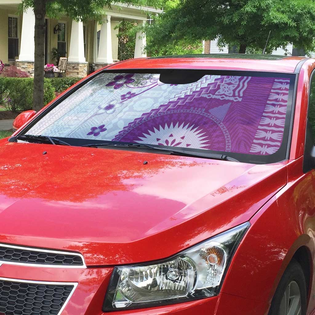 Bula Fiji Auto Sun Shade Violet Plumeria Masi Tapa Pattern - Polynesian Pride
