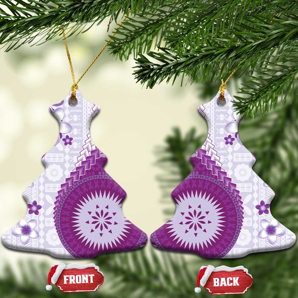 Bula Fiji Ceramic Ornament Violet Plumeria Masi Tapa Pattern - Polynesian Pride