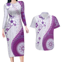 Bula Fiji Couples Matching Long Sleeve Bodycon Dress and Hawaiian Shirt Violet Plumeria Masi Tapa Pattern LT05 Violet - Polynesian Pride