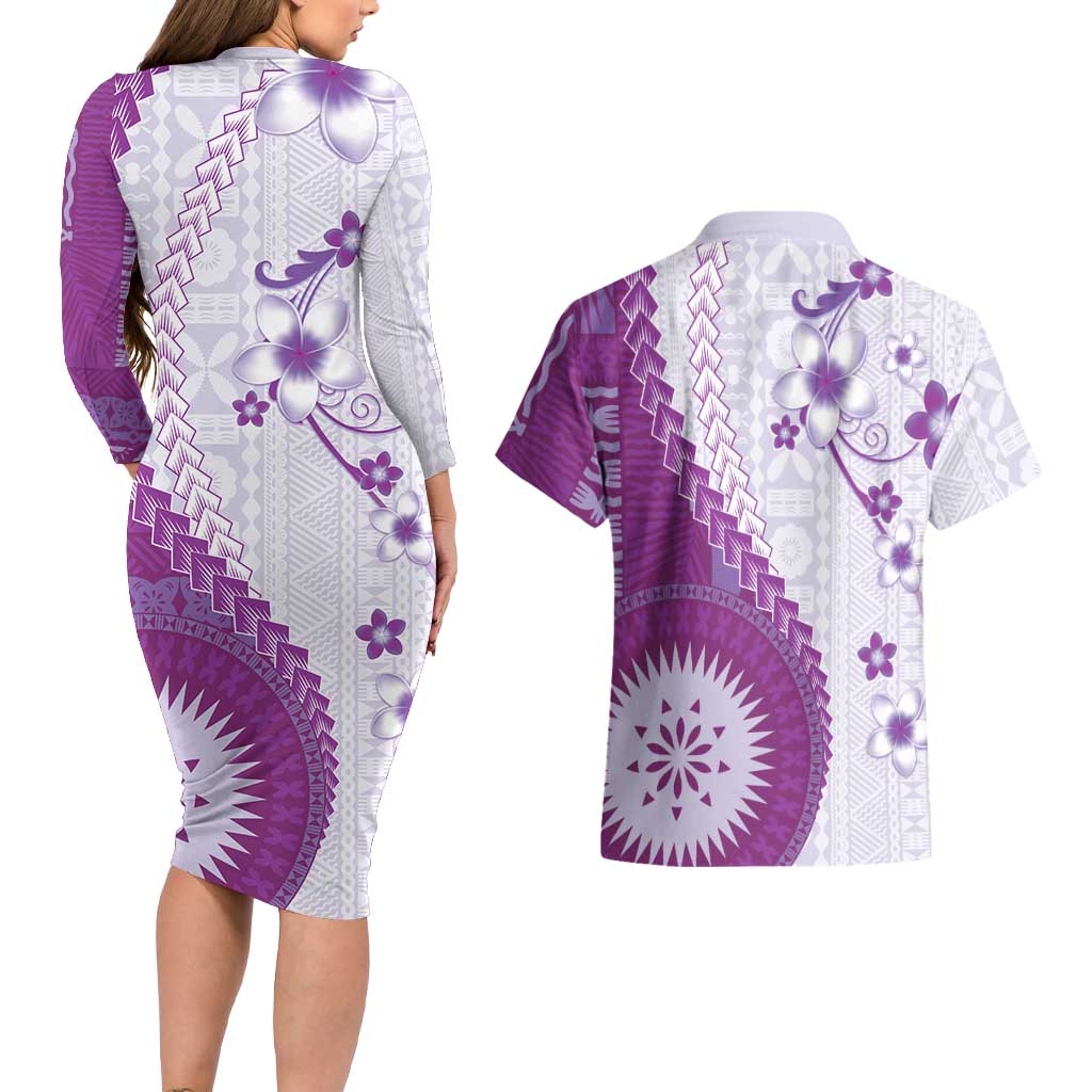 Bula Fiji Couples Matching Long Sleeve Bodycon Dress and Hawaiian Shirt Violet Plumeria Masi Tapa Pattern LT05 - Polynesian Pride