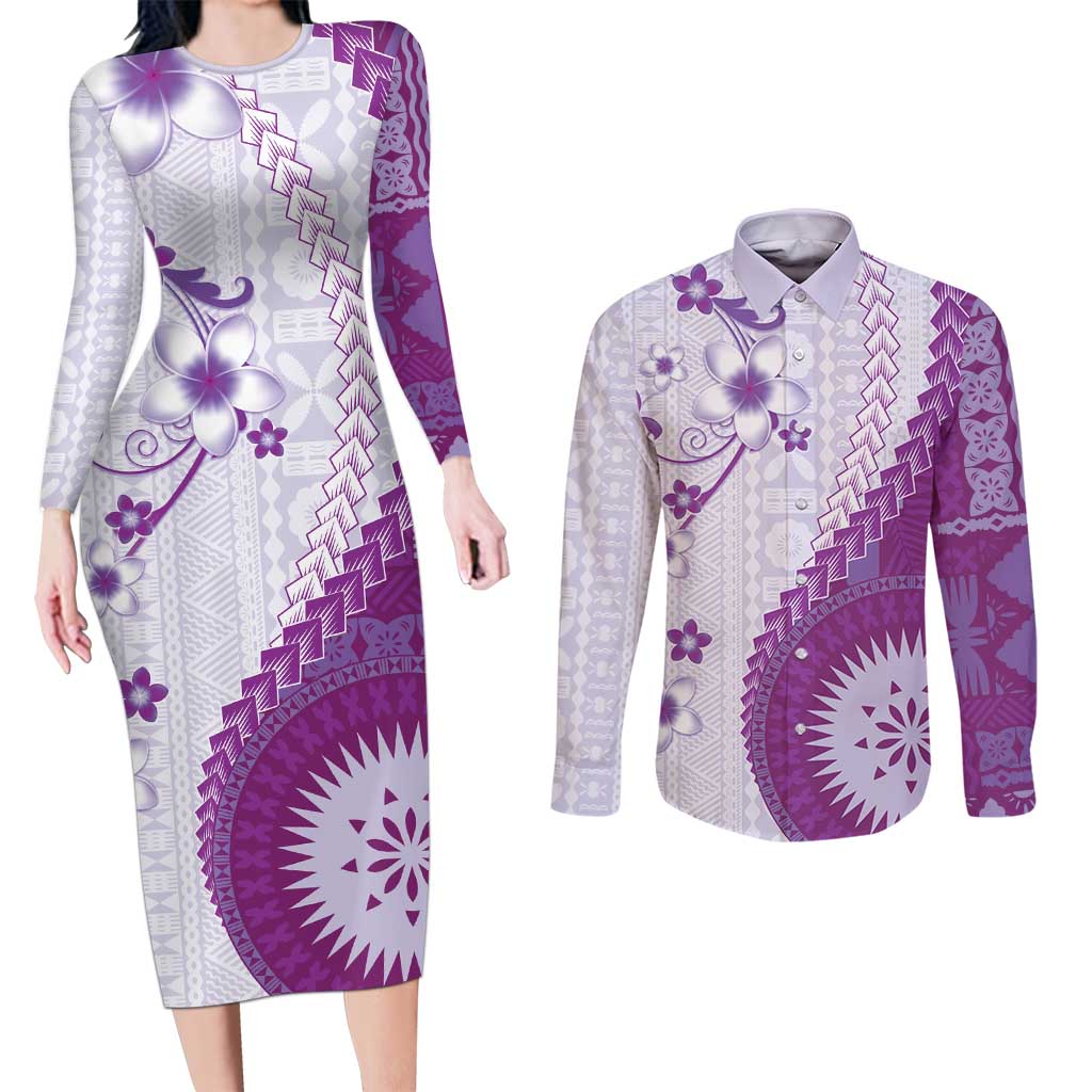 Bula Fiji Couples Matching Long Sleeve Bodycon Dress and Long Sleeve Button Shirt Violet Plumeria Masi Tapa Pattern LT05 Violet - Polynesian Pride