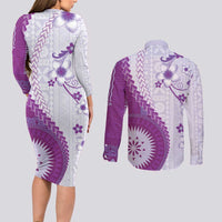 Bula Fiji Couples Matching Long Sleeve Bodycon Dress and Long Sleeve Button Shirt Violet Plumeria Masi Tapa Pattern LT05 - Polynesian Pride