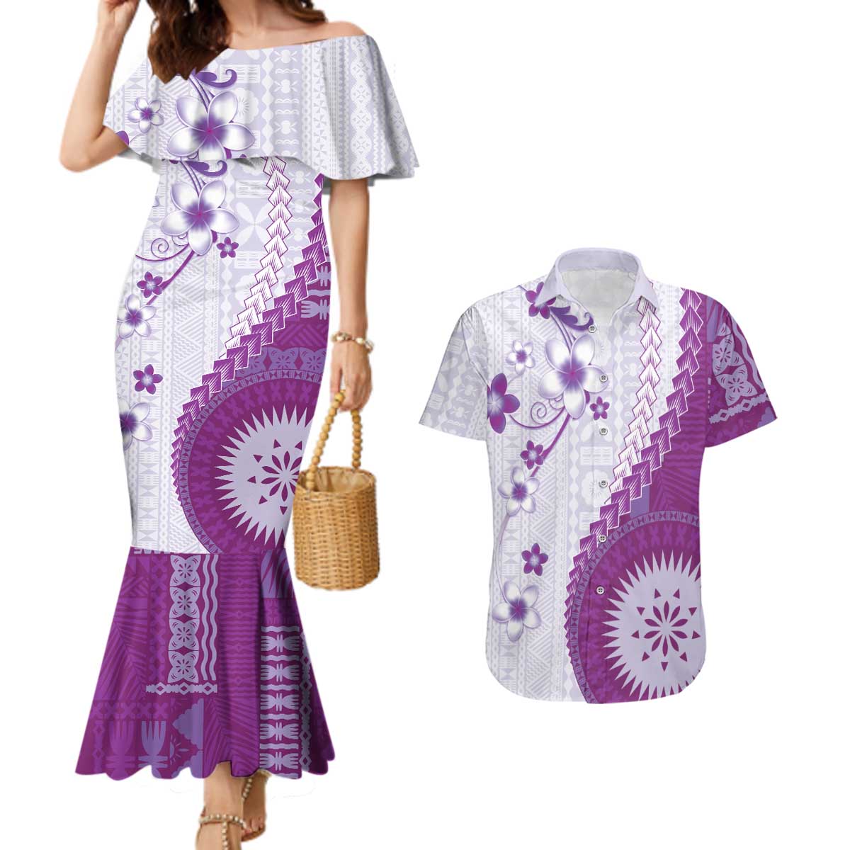 Bula Fiji Couples Matching Mermaid Dress and Hawaiian Shirt Violet Plumeria Masi Tapa Pattern LT05 Violet - Polynesian Pride