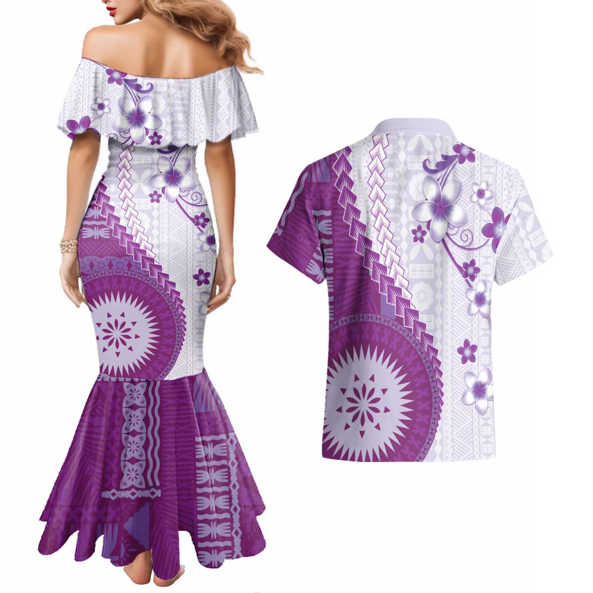 Bula Fiji Couples Matching Mermaid Dress and Hawaiian Shirt Violet Plumeria Masi Tapa Pattern LT05 - Polynesian Pride