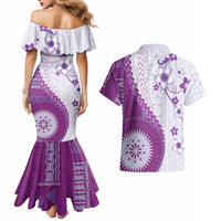Bula Fiji Couples Matching Mermaid Dress and Hawaiian Shirt Violet Plumeria Masi Tapa Pattern LT05 - Polynesian Pride