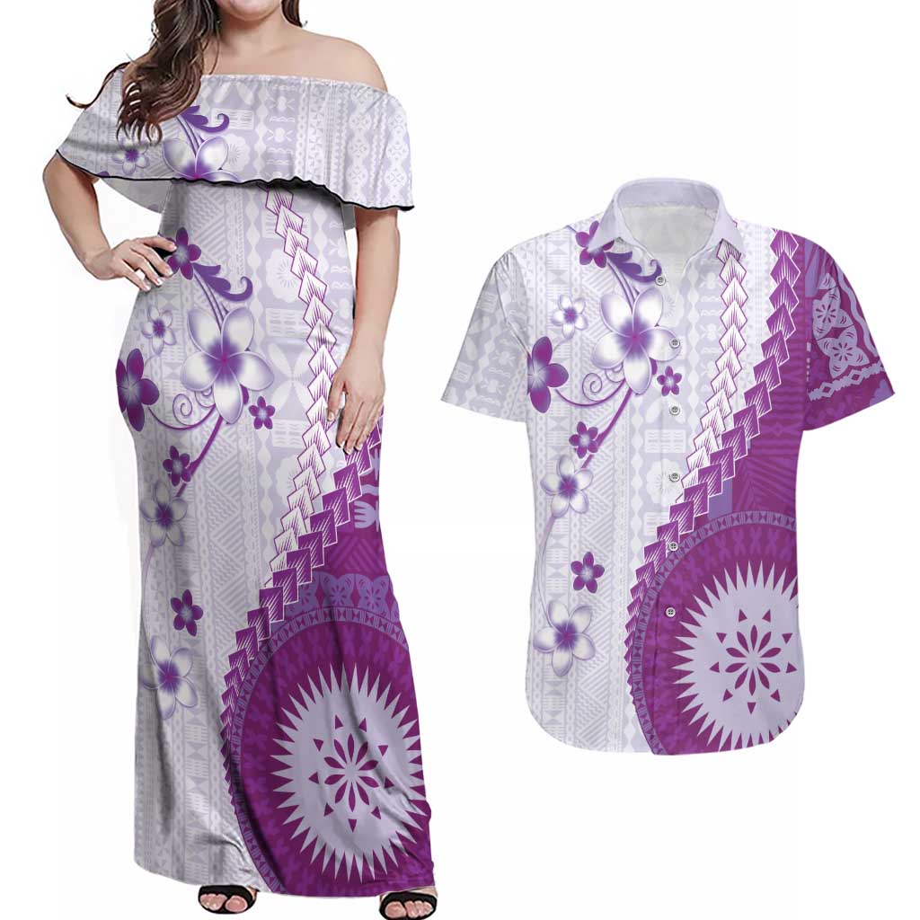 Bula Fiji Couples Matching Off Shoulder Maxi Dress and Hawaiian Shirt Violet Plumeria Masi Tapa Pattern LT05 Violet - Polynesian Pride