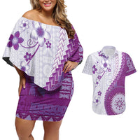 Bula Fiji Couples Matching Off Shoulder Short Dress and Hawaiian Shirt Violet Plumeria Masi Tapa Pattern LT05 Violet - Polynesian Pride