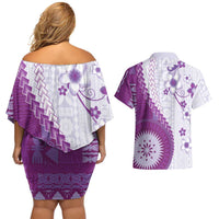 Bula Fiji Couples Matching Off Shoulder Short Dress and Hawaiian Shirt Violet Plumeria Masi Tapa Pattern LT05 - Polynesian Pride