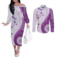 Bula Fiji Couples Matching Off The Shoulder Long Sleeve Dress and Long Sleeve Button Shirt Violet Plumeria Masi Tapa Pattern LT05 Violet - Polynesian Pride