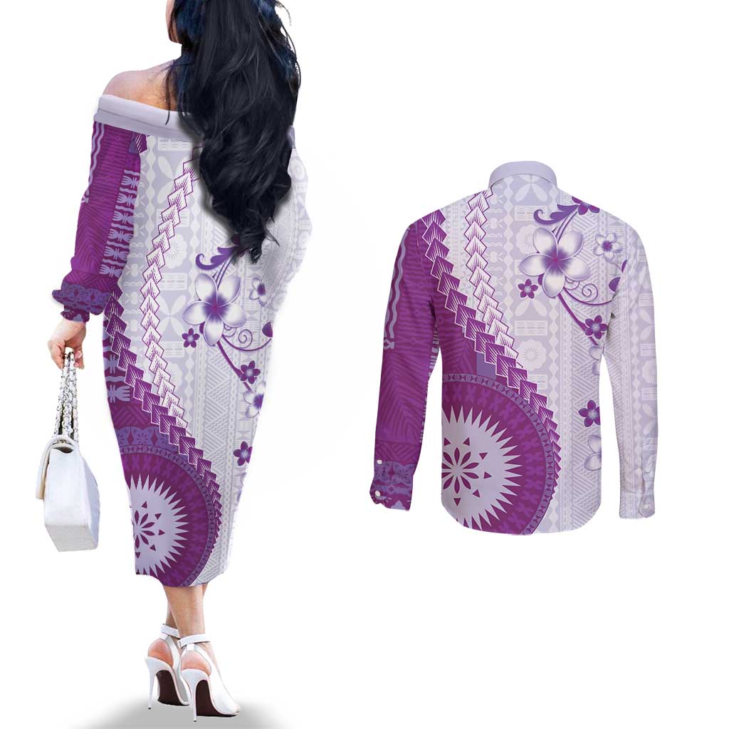 Bula Fiji Couples Matching Off The Shoulder Long Sleeve Dress and Long Sleeve Button Shirt Violet Plumeria Masi Tapa Pattern LT05 - Polynesian Pride