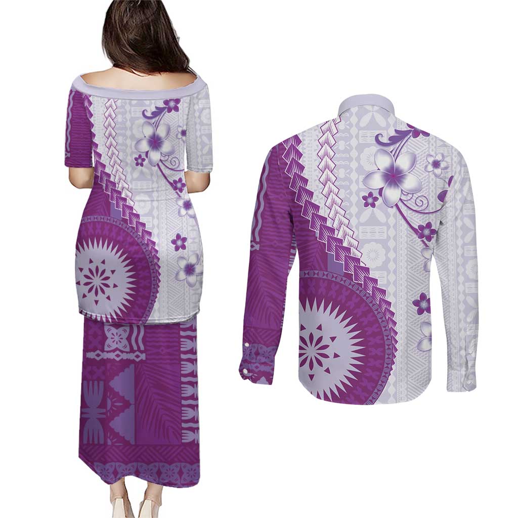 Bula Fiji Couples Matching Puletasi and Long Sleeve Button Shirt Violet Plumeria Masi Tapa Pattern - Polynesian Pride