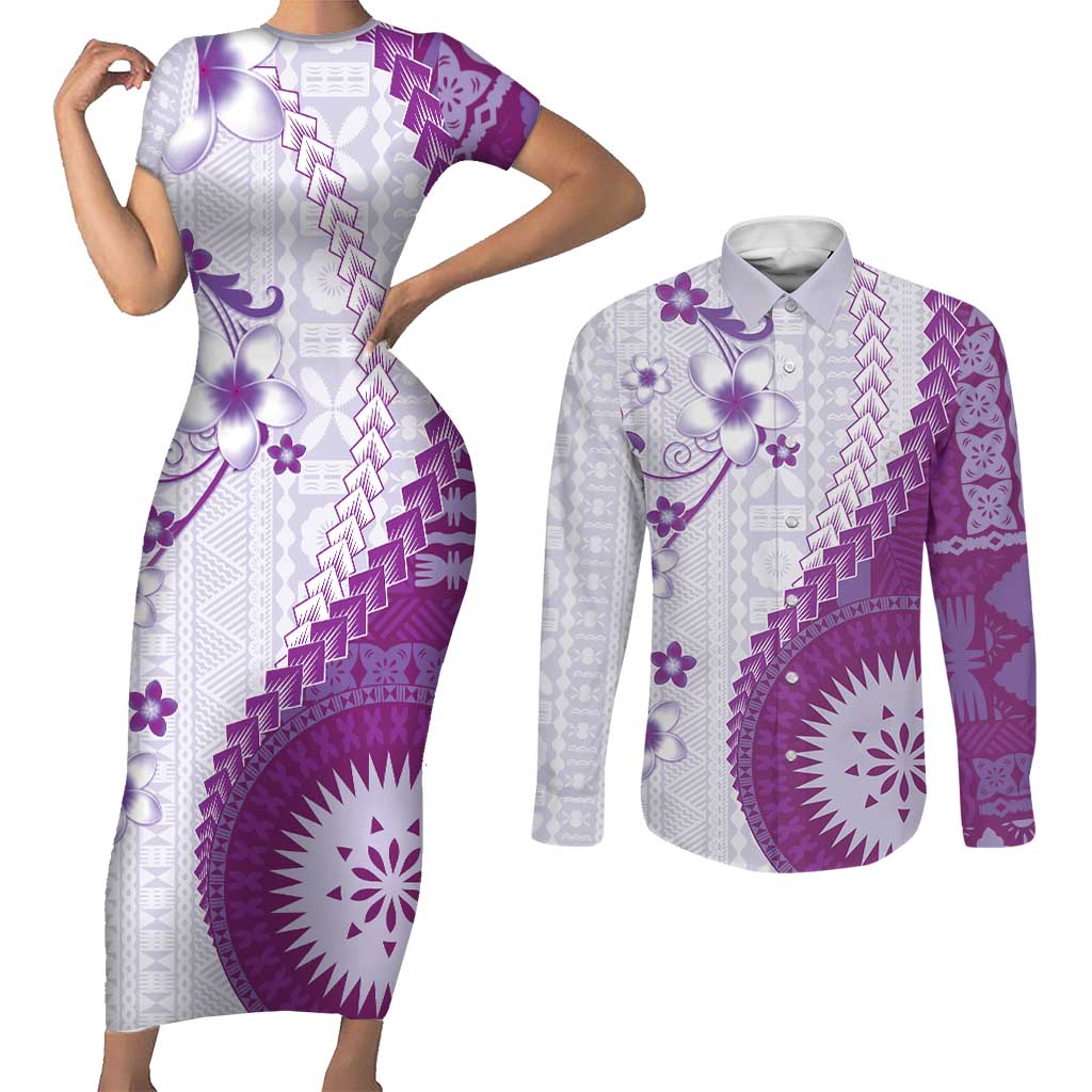 Bula Fiji Couples Matching Short Sleeve Bodycon Dress and Long Sleeve Button Shirt Violet Plumeria Masi Tapa Pattern LT05 Violet - Polynesian Pride