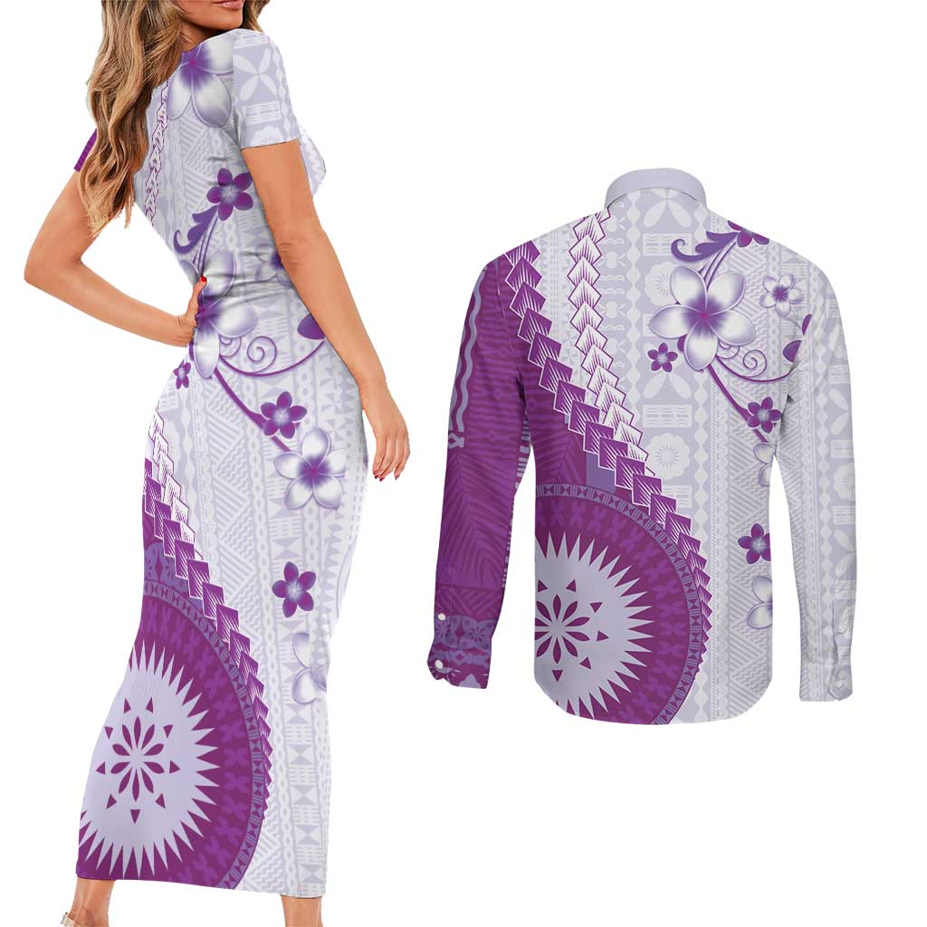 Bula Fiji Couples Matching Short Sleeve Bodycon Dress and Long Sleeve Button Shirt Violet Plumeria Masi Tapa Pattern LT05 - Polynesian Pride