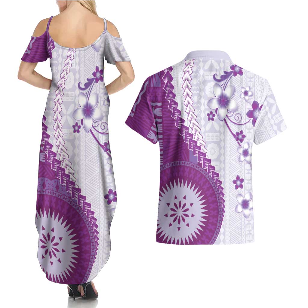 Bula Fiji Couples Matching Summer Maxi Dress and Hawaiian Shirt Violet Plumeria Masi Tapa Pattern LT05 - Polynesian Pride