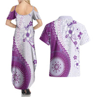 Bula Fiji Couples Matching Summer Maxi Dress and Hawaiian Shirt Violet Plumeria Masi Tapa Pattern LT05 - Polynesian Pride
