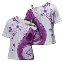 Bula Fiji Cross Shoulder Shirt Violet Plumeria Masi Tapa Pattern - Polynesian Pride