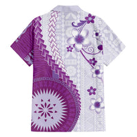 Bula Fiji Family Matching Long Sleeve Bodycon Dress and Hawaiian Shirt Violet Plumeria Masi Tapa Pattern LT05 - Polynesian Pride