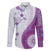 Bula Fiji Family Matching Long Sleeve Bodycon Dress and Hawaiian Shirt Violet Plumeria Masi Tapa Pattern LT05 Dad's Shirt - Long Sleeve Violet - Polynesian Pride