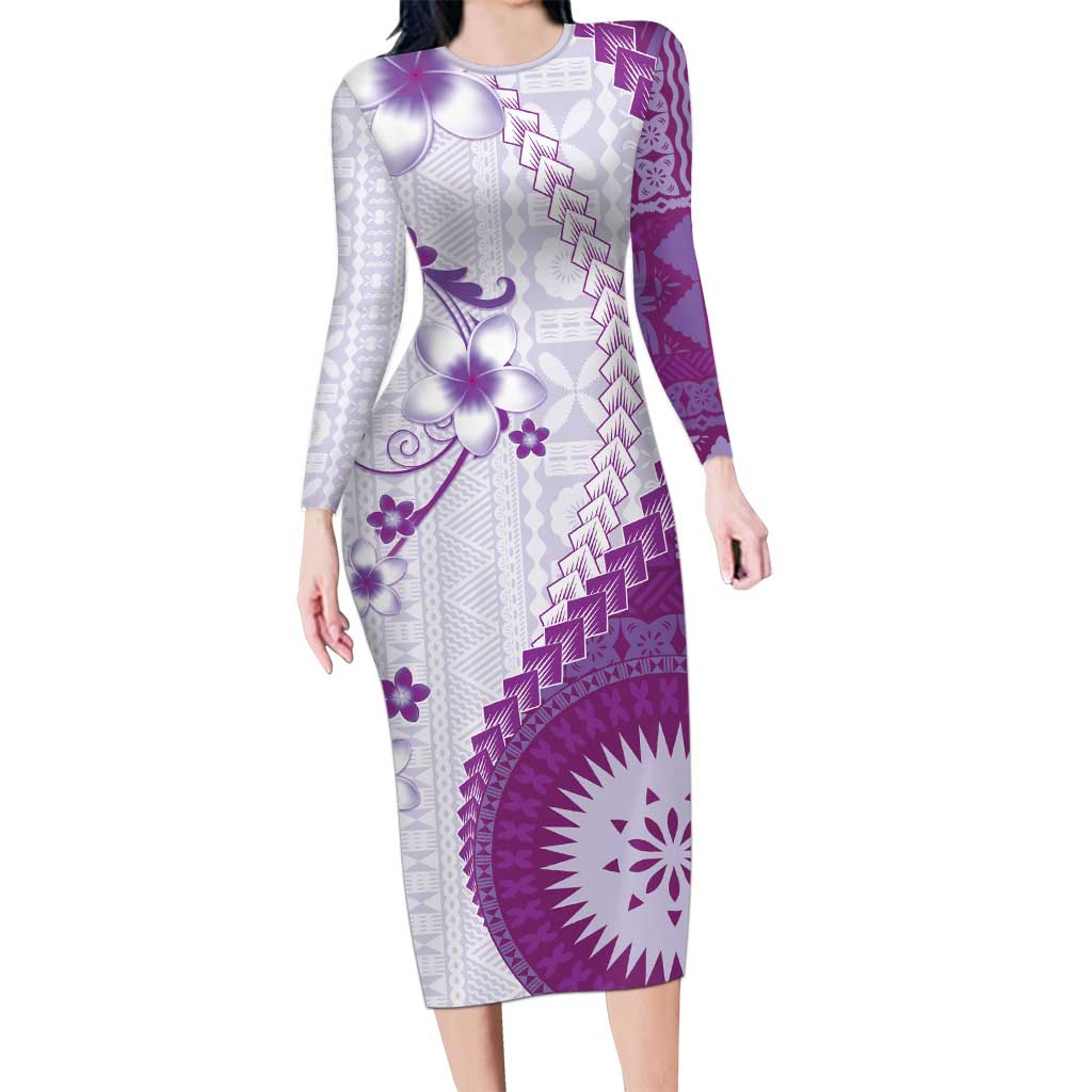 Bula Fiji Family Matching Long Sleeve Bodycon Dress and Hawaiian Shirt Violet Plumeria Masi Tapa Pattern LT05 Mom's Dress Violet - Polynesian Pride