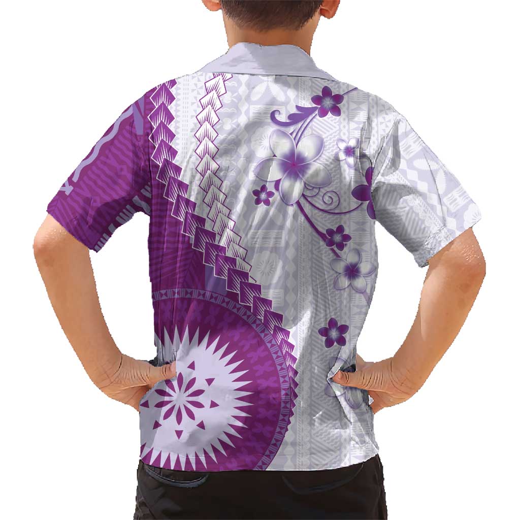 Bula Fiji Family Matching Off The Shoulder Long Sleeve Dress and Hawaiian Shirt Violet Plumeria Masi Tapa Pattern LT05 - Polynesian Pride