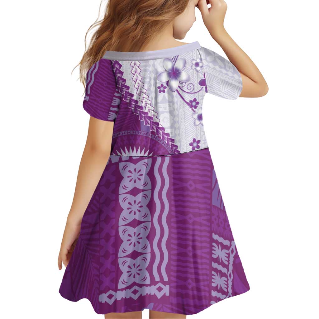 Bula Fiji Family Matching Off The Shoulder Long Sleeve Dress and Hawaiian Shirt Violet Plumeria Masi Tapa Pattern LT05 - Polynesian Pride