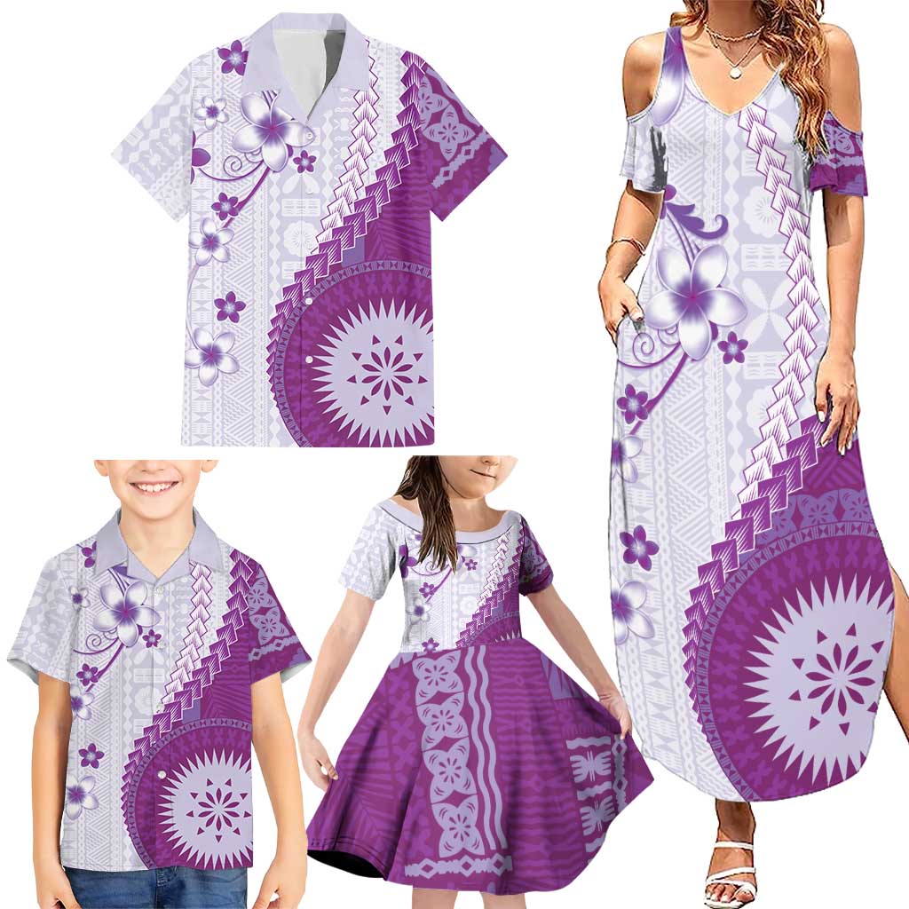 Bula Fiji Family Matching Summer Maxi Dress and Hawaiian Shirt Violet Plumeria Masi Tapa Pattern LT05 - Polynesian Pride